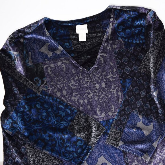 Chicos Velvet Midnight Patchwork Tunic Top Women 3 Whimsigoth Witchy Lagenlook - Picture 9 of 10
